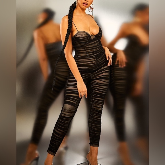 BNWT PrettyLittleThing Black Ruched Mesh Underwire Jumpsuit - Picture 1 of 6